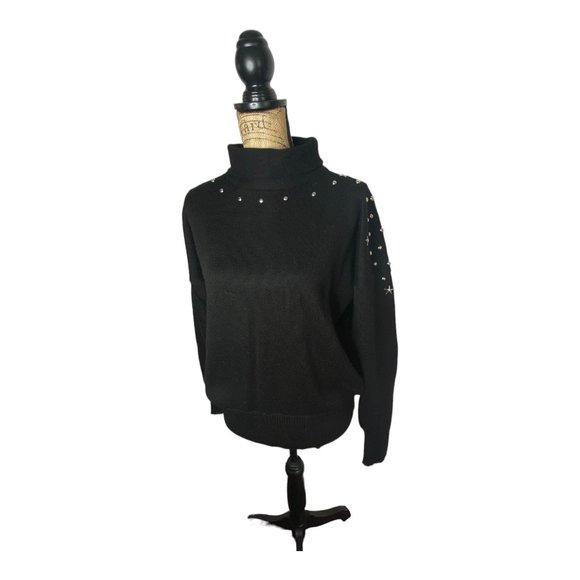 Vintage 80's Meister Large Black Wool Blend Silver Star Studded Sweater Turtlnec - Picture 12 of 12